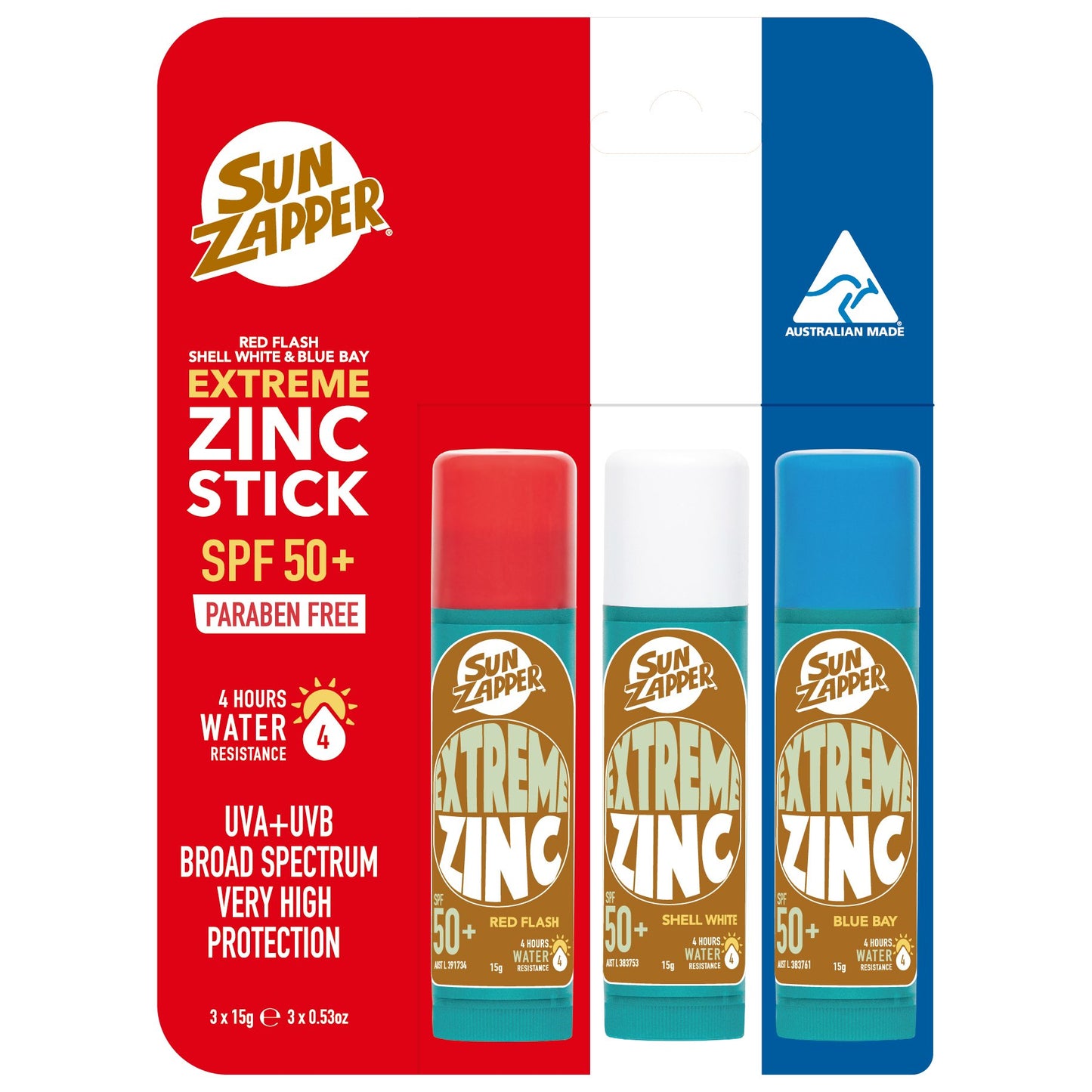 Stick Zinc Rouge, Blanc et Bleu Extrême SPF 50+